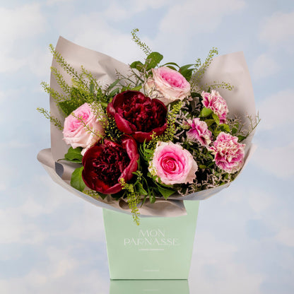 BURBUJA DE PEONIAS ROJAS Y ROSAS ROSADAS